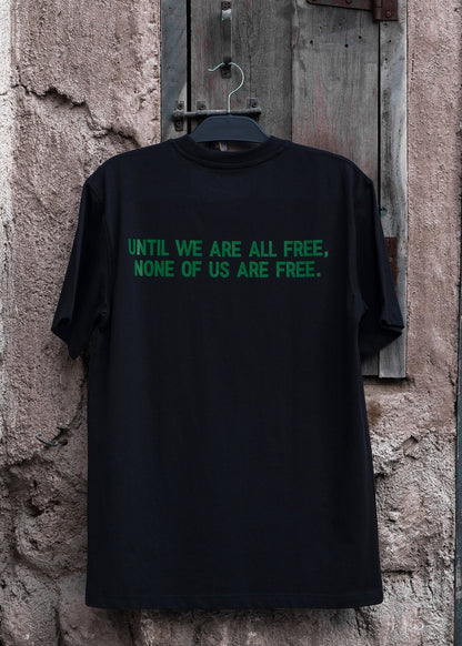 Free Palestine black tee with globe and Palestine map, Arabic streetwear by One8