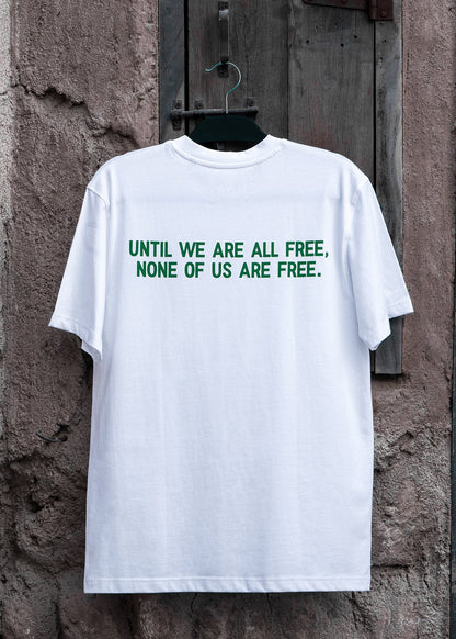 Free Palestine white tee with globe and Palestine map, Arabic streetwear by One8