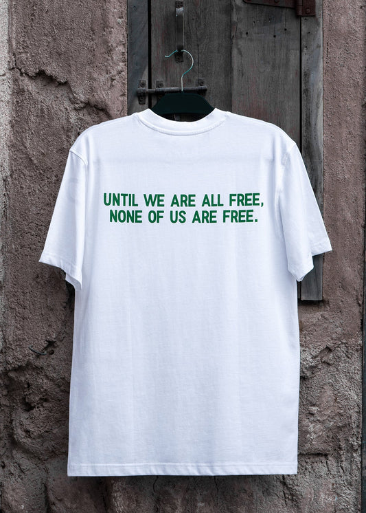 Free Palestine white tee with globe and Palestine map, Arabic streetwear by One8