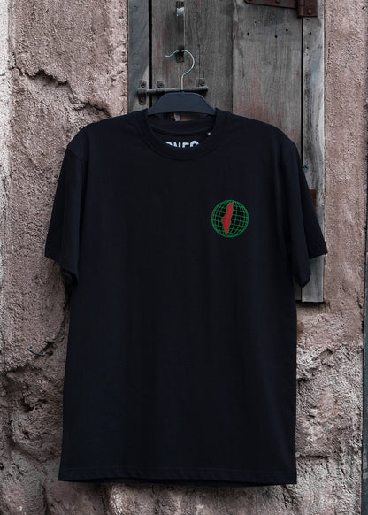 Free Palestine black tee with globe and Palestine map, Arabic streetwear by One8