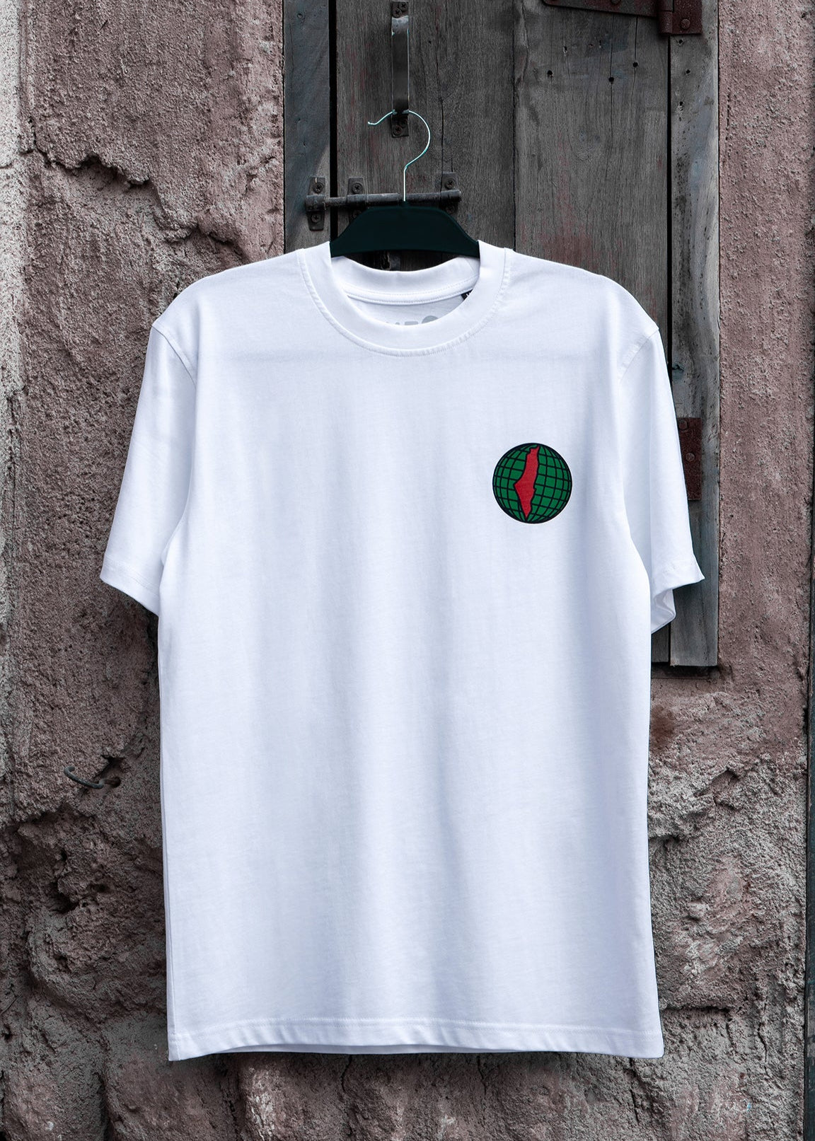 Free Palestine white tee with globe and Palestine map, Arabic streetwear by One8
