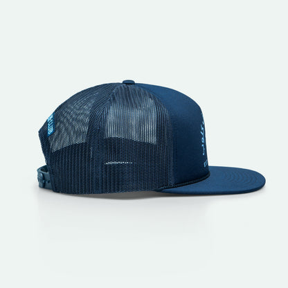 Salalah Surf Club navy foam trucker hat with Omani coastal embroidery, cap by One8