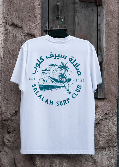 Salalah Surf Club coconut palms tee with Mughsail Beach scene, Omani culture streetwear by One8