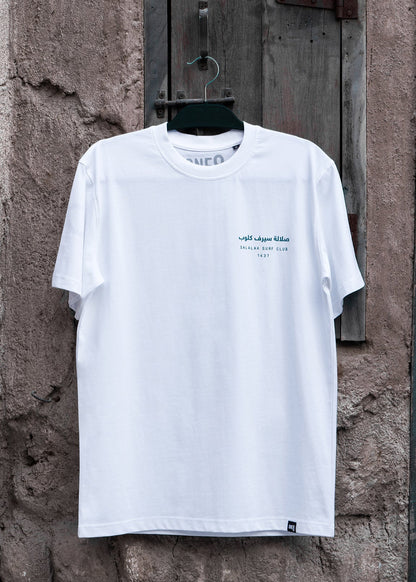 Salalah Surf Club coconut palms tee with Mughsail Beach scene, Omani culture streetwear by One8