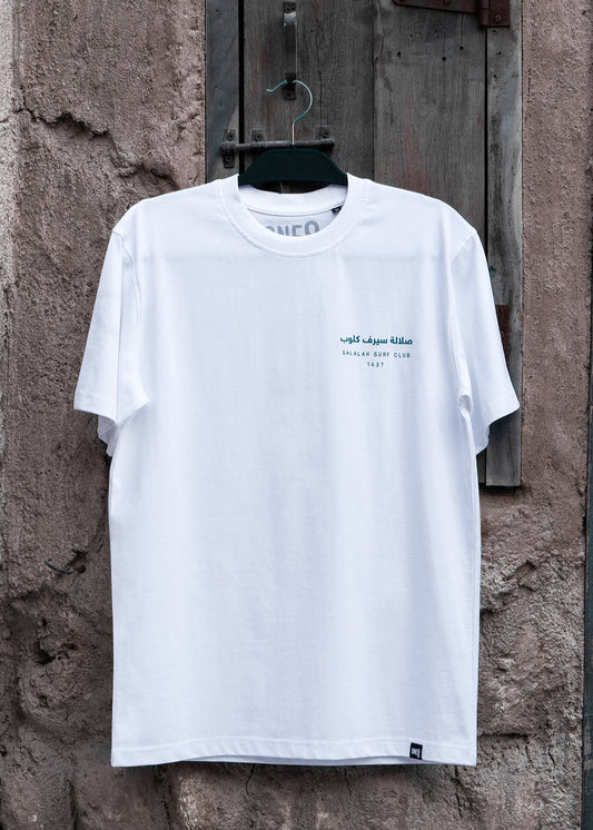 Salalah Surf Club coconut palms tee with Mughsail Beach scene, Omani culture streetwear by One8