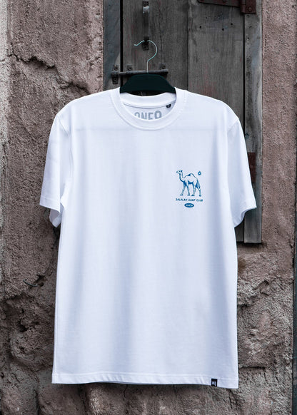 Salalah Surf Club camel tee with hand-drawn camel, Omani culture streetwear by One8