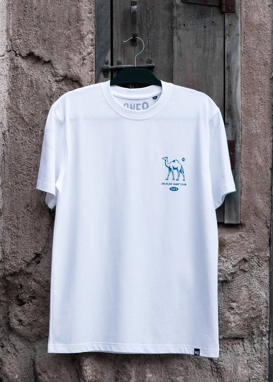 Salalah Surf Club camel tee with hand-drawn camel, Omani culture streetwear by One8