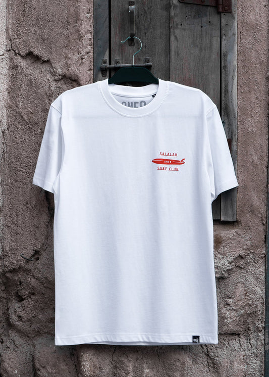 Salalah Surf Club dhow tee with hand-drawn dhow, Arabic Gulf streetwear by One8