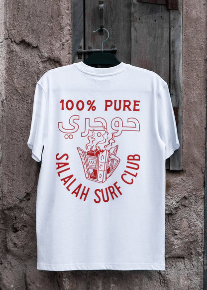 Salalah Surf Club Omani Gold tee with frankincense tree design, Omani culture streetwear by One8