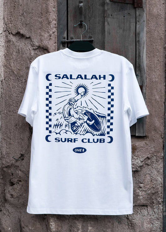 Salalah Surf Club Omani surfer tee with Dhofari attire surfer, Omani culture streetwear by One8