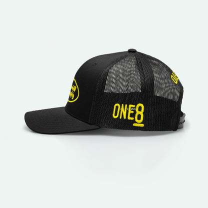 Smile الابتسامة واجب اجتماعي meshback trucker hat with flat Arabic text, One8 cap
