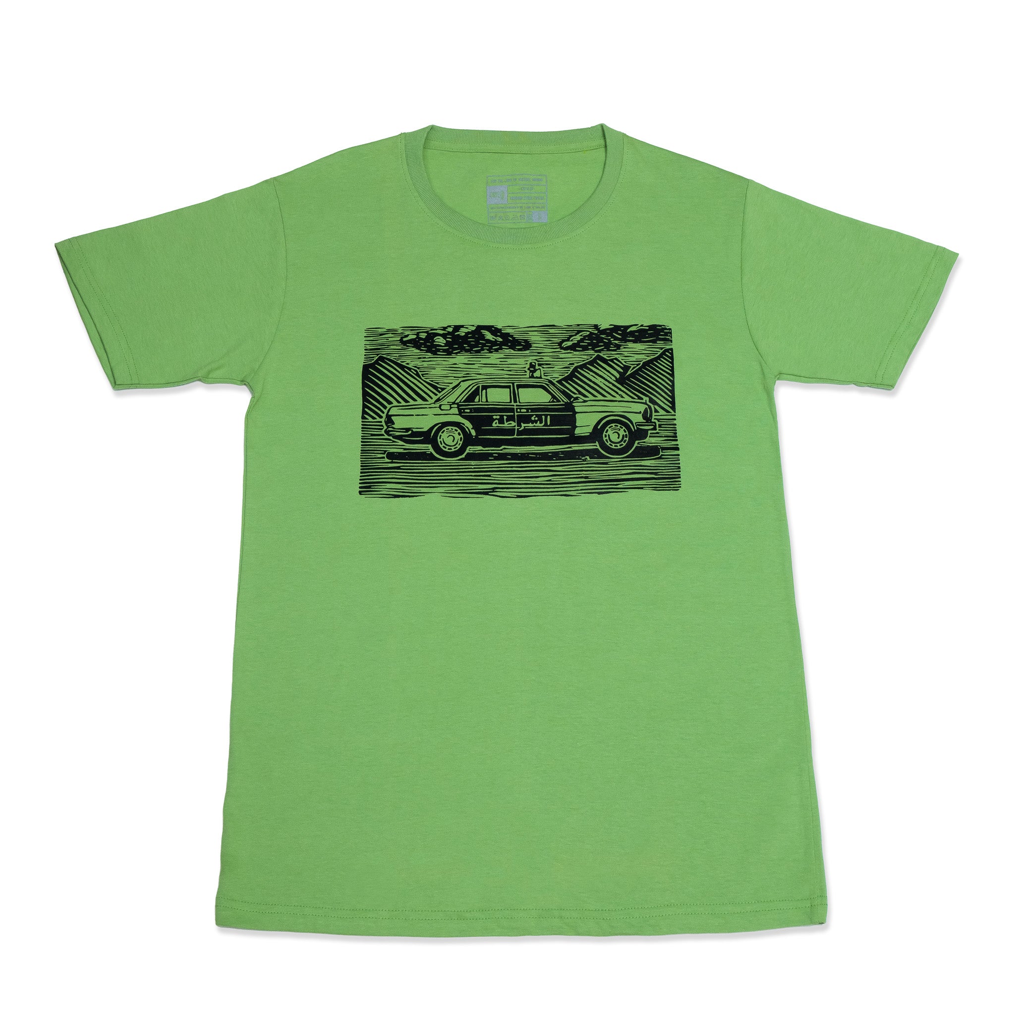 شرطة دبي Dubai Police Green T-shirt with hand drawn linocut design inspired by classic police car
