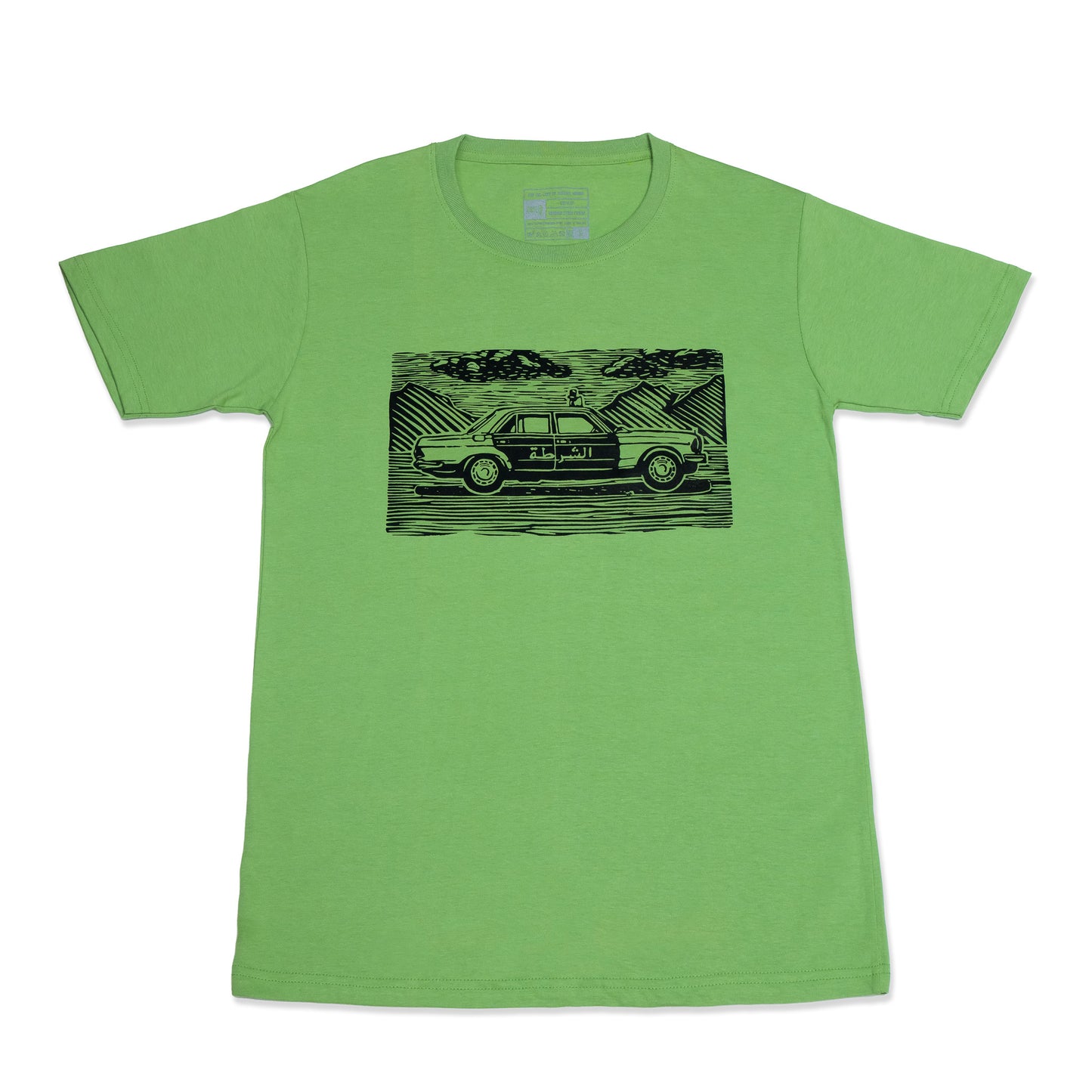 شرطة دبي Dubai Police Green T-shirt with hand drawn linocut design inspired by classic police car