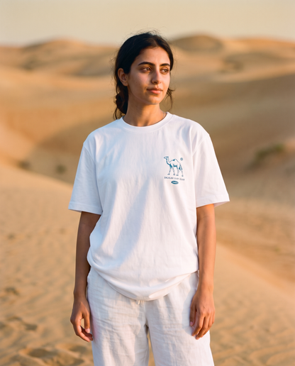 Salalah Surf Club Camel tee front chest print, female model, oversized fit
