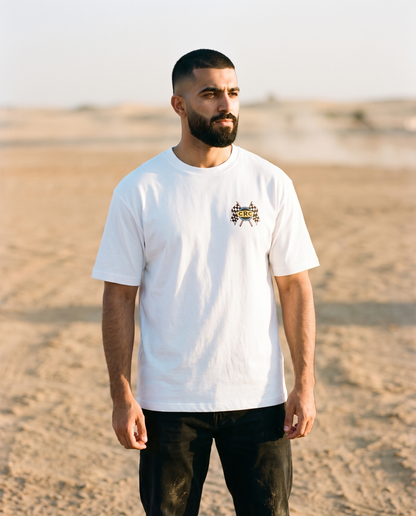 Winner's Circle Camel Racing Club tee front CRC flags chest print, male model