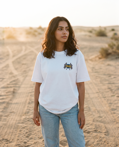 Winner's Circle Camel Racing Club tee front CRC flags chest print, female model