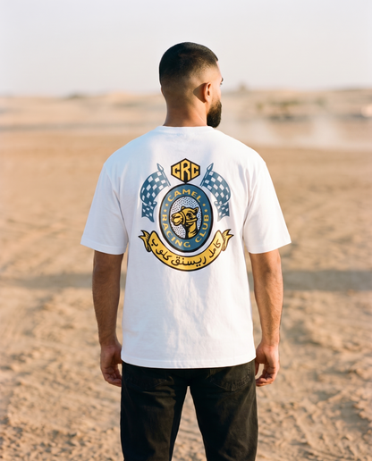 Winner's Circle Camel Racing Club tee back crest print, male model on desert track