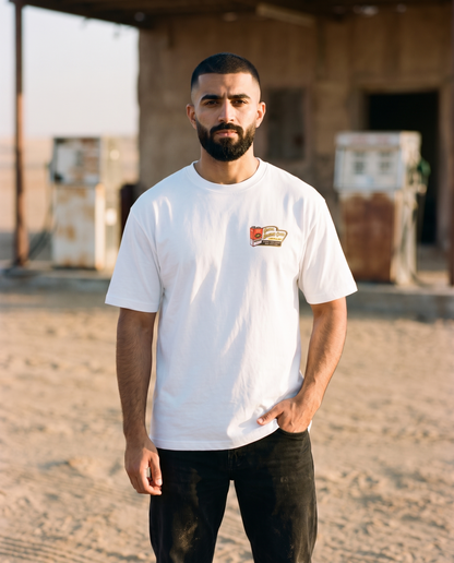 Vintage Fuel Can Camel Racing Club tee front chest badge, male model