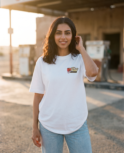 Vintage Fuel Can Camel Racing Club tee front chest badge, female model