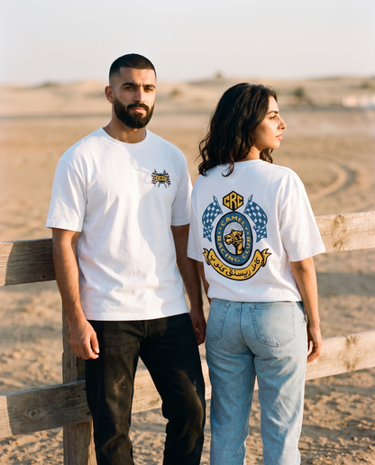 Winner's Circle tee worn by male and female models at a desert race track, front and back view