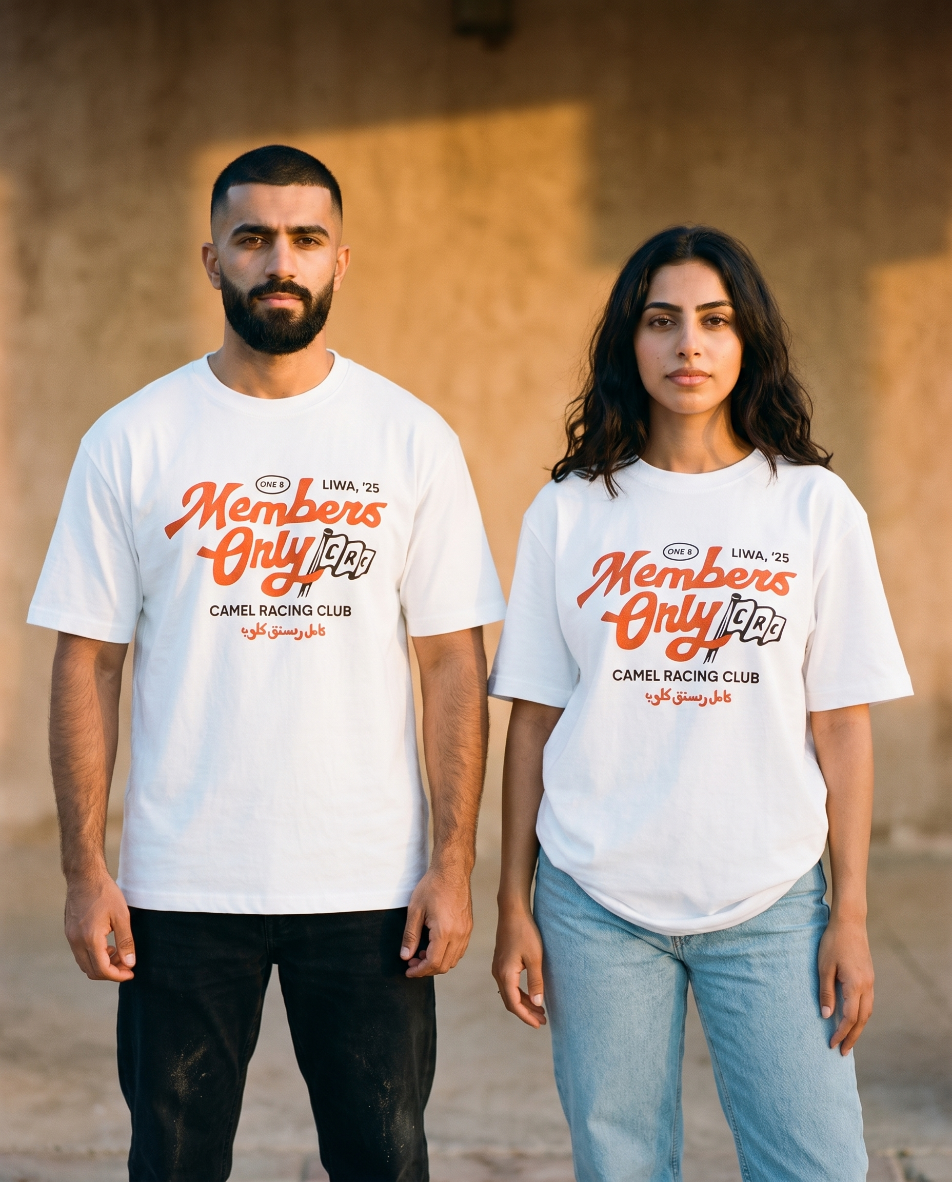 Members Only CRC tee front print worn by male and female models in warm evening light
