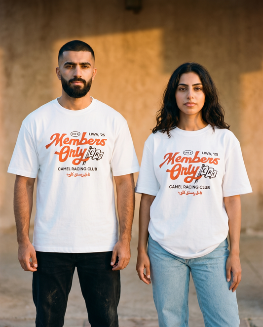Members Only CRC tee front print worn by male and female models in warm evening light