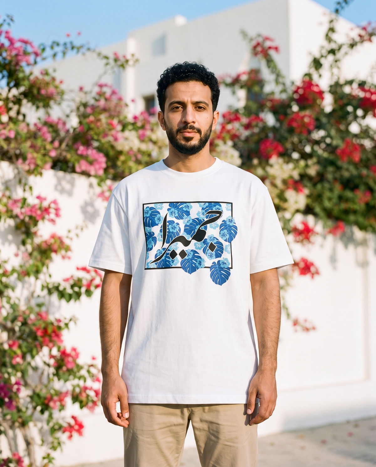 Jumeirah Floral unisex tee blue floral print worn by male model