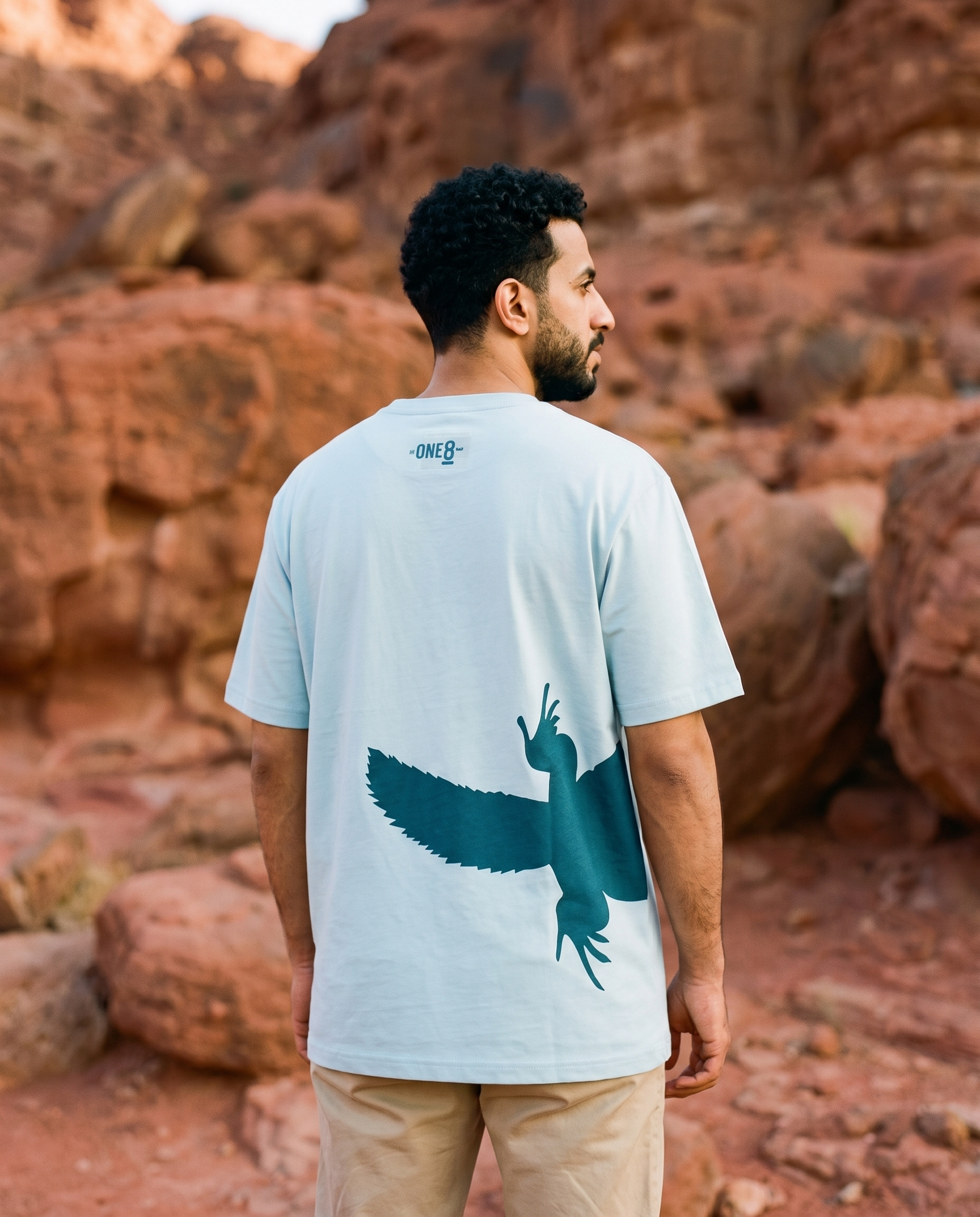 Uromastyx Dhab tee back tail print worn by male model in red rocky desert