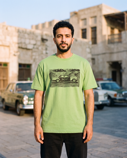 Vintage Dubai Linocut tee police car print worn by male model