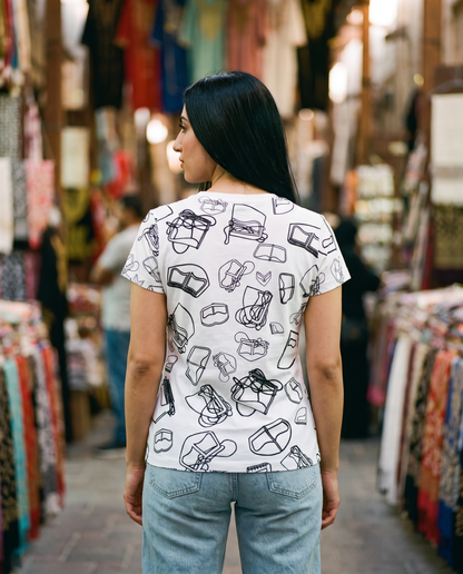 Burqa ladies tee all-over pattern back view worn by female model in a textile souq