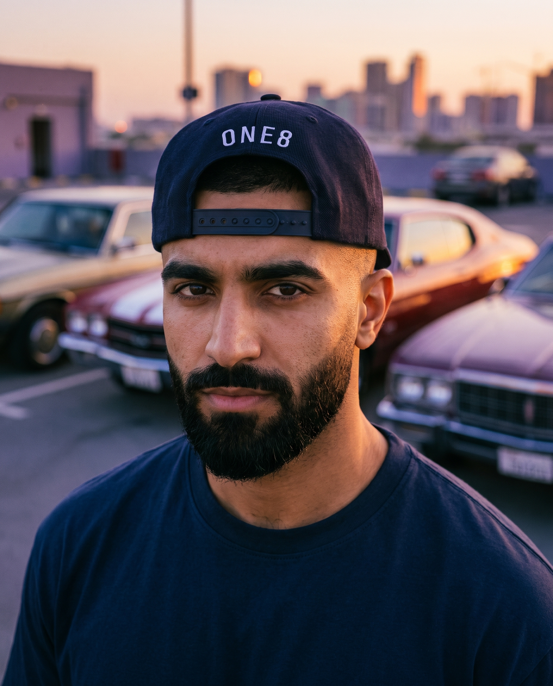 Sitta Wa Khattain snapback worn backwards showing ONE8 back, male model at sunset car lot