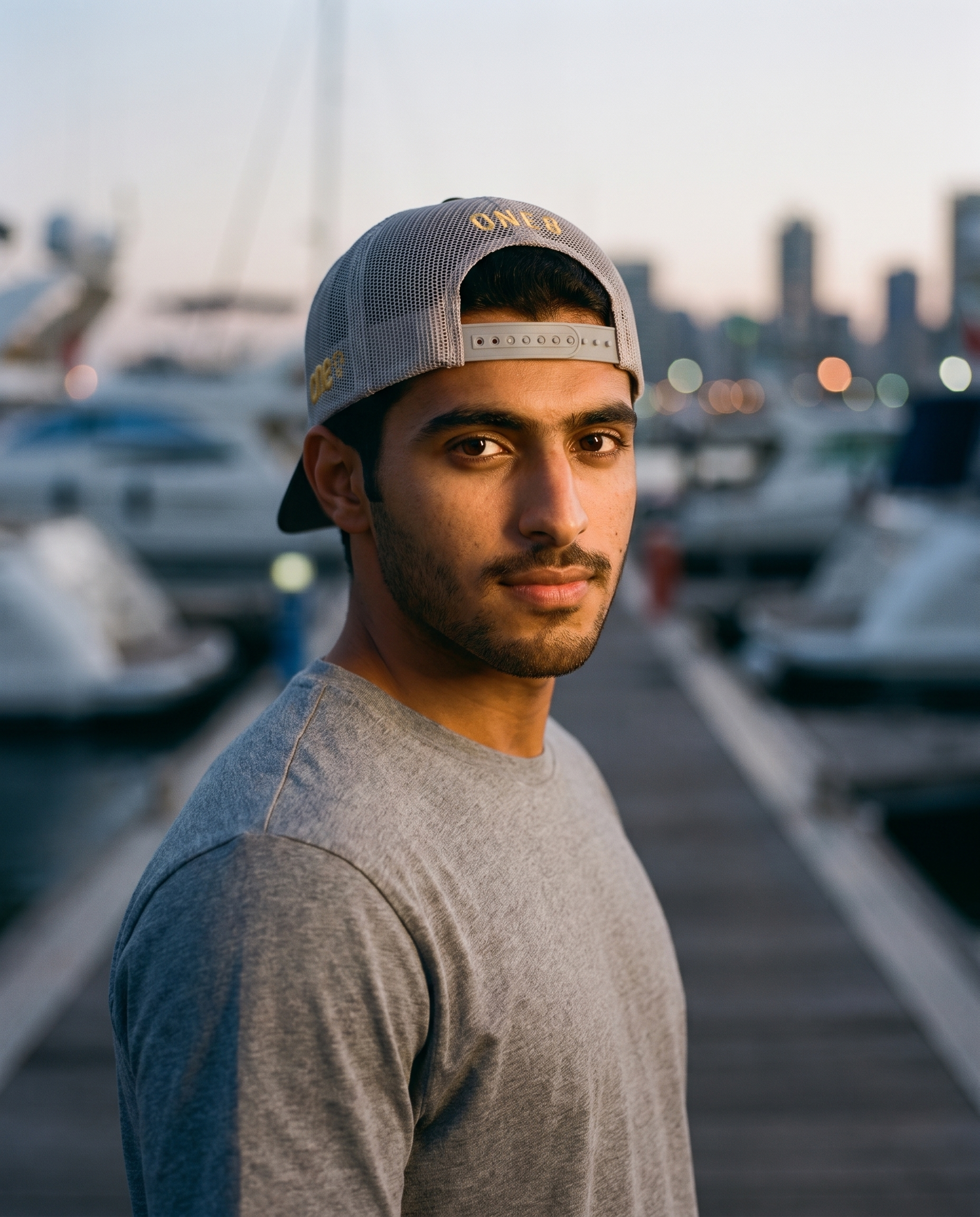 Mal Al Tayyebeen trucker worn backwards showing ONE8 mesh back at the marina
