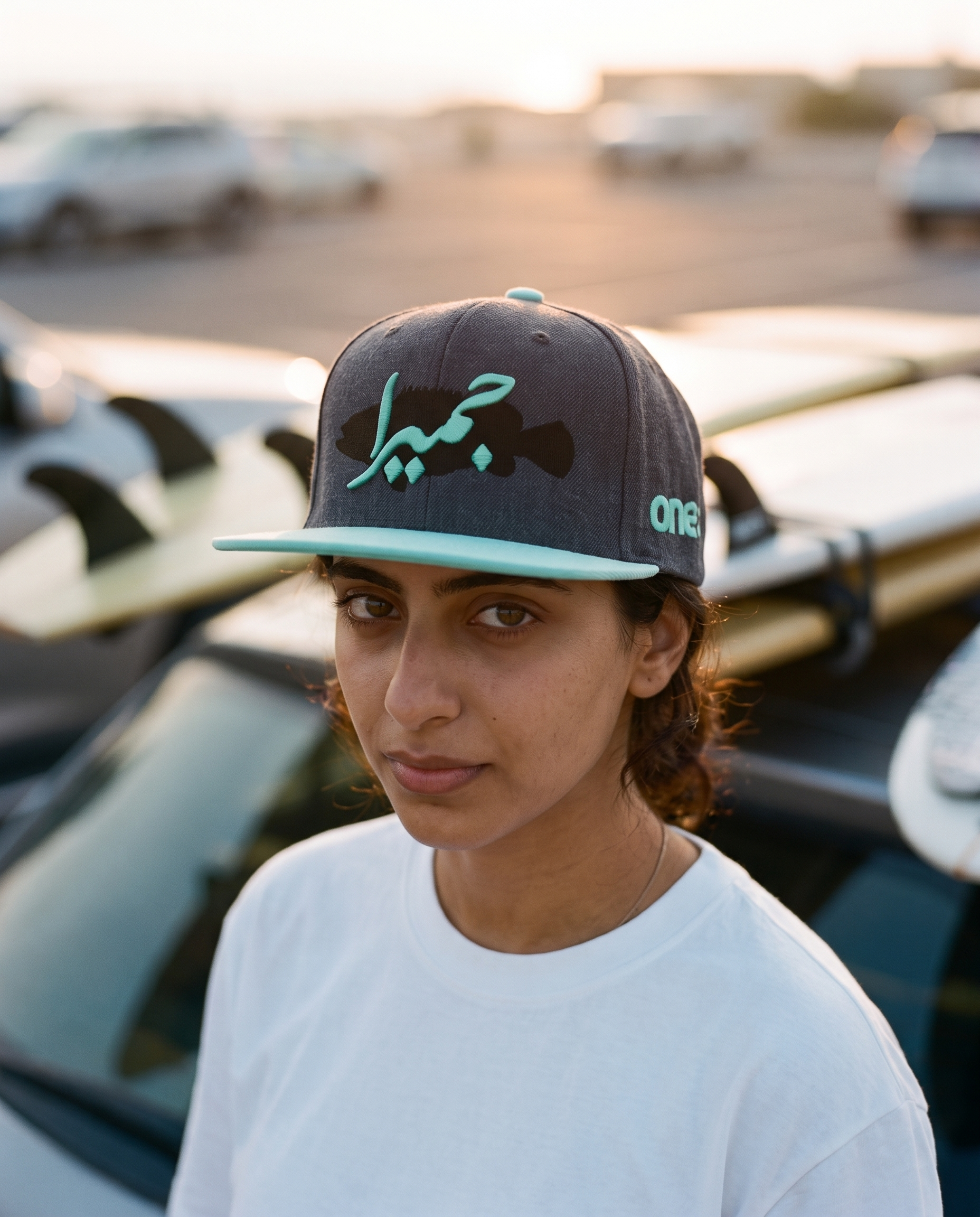 Jumeirah flat brim hat with hamour fish design worn frontwards by female model at a beach parking lot
