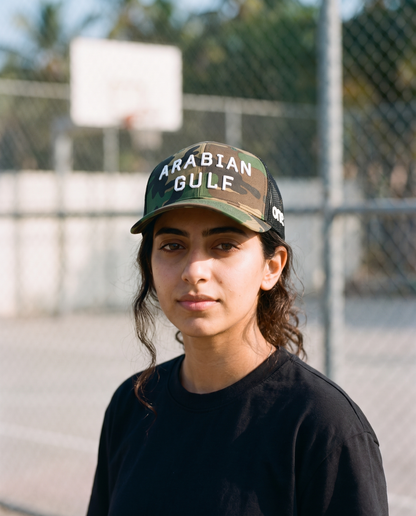 Arabian Gulf camo trucker worn frontwards - on model