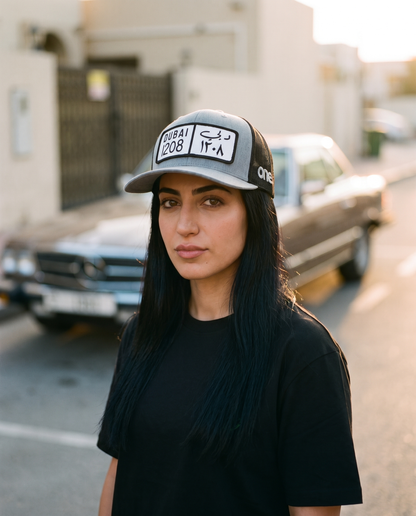 DXB Plate trucker hat worn frontwards - on model