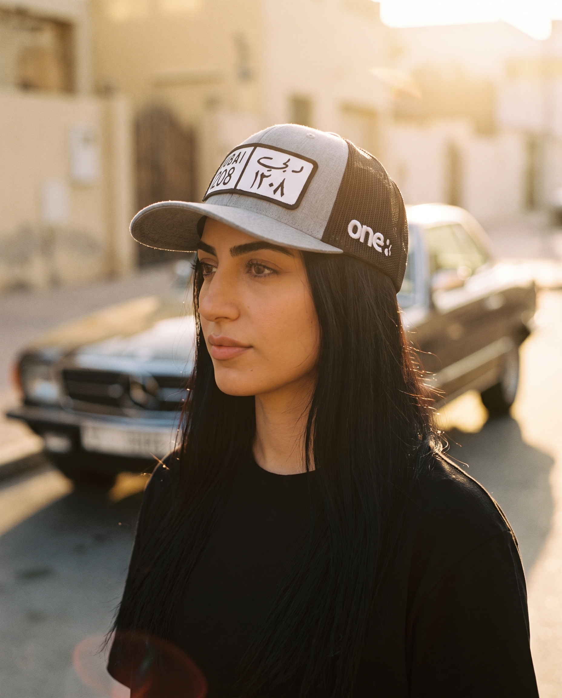 DXB Plate trucker hat side profile - on model