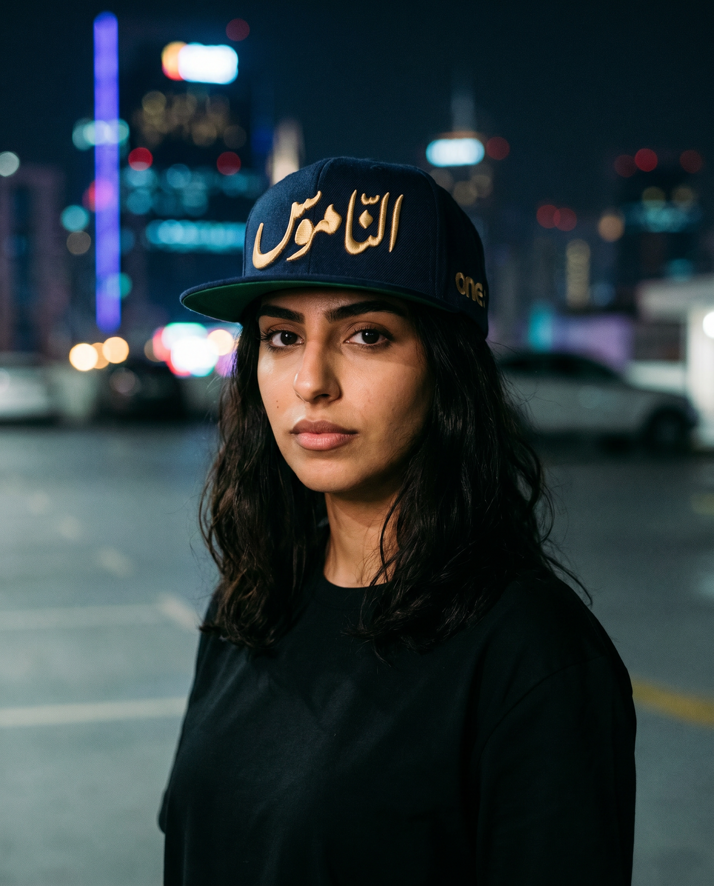Al Namoos flat brim snapback worn frontwards - on model