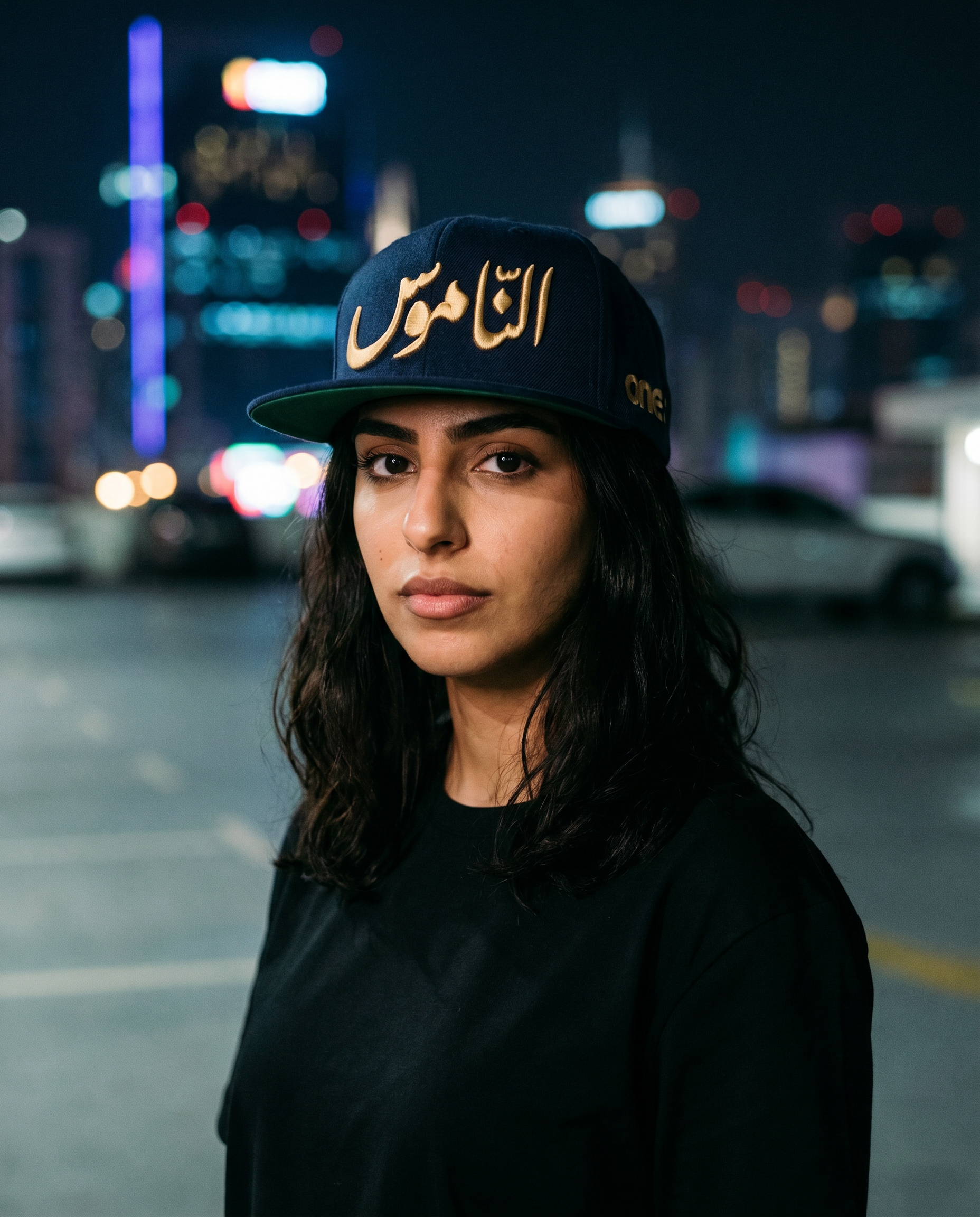 Al Namoos flat brim snapback worn frontwards - on model