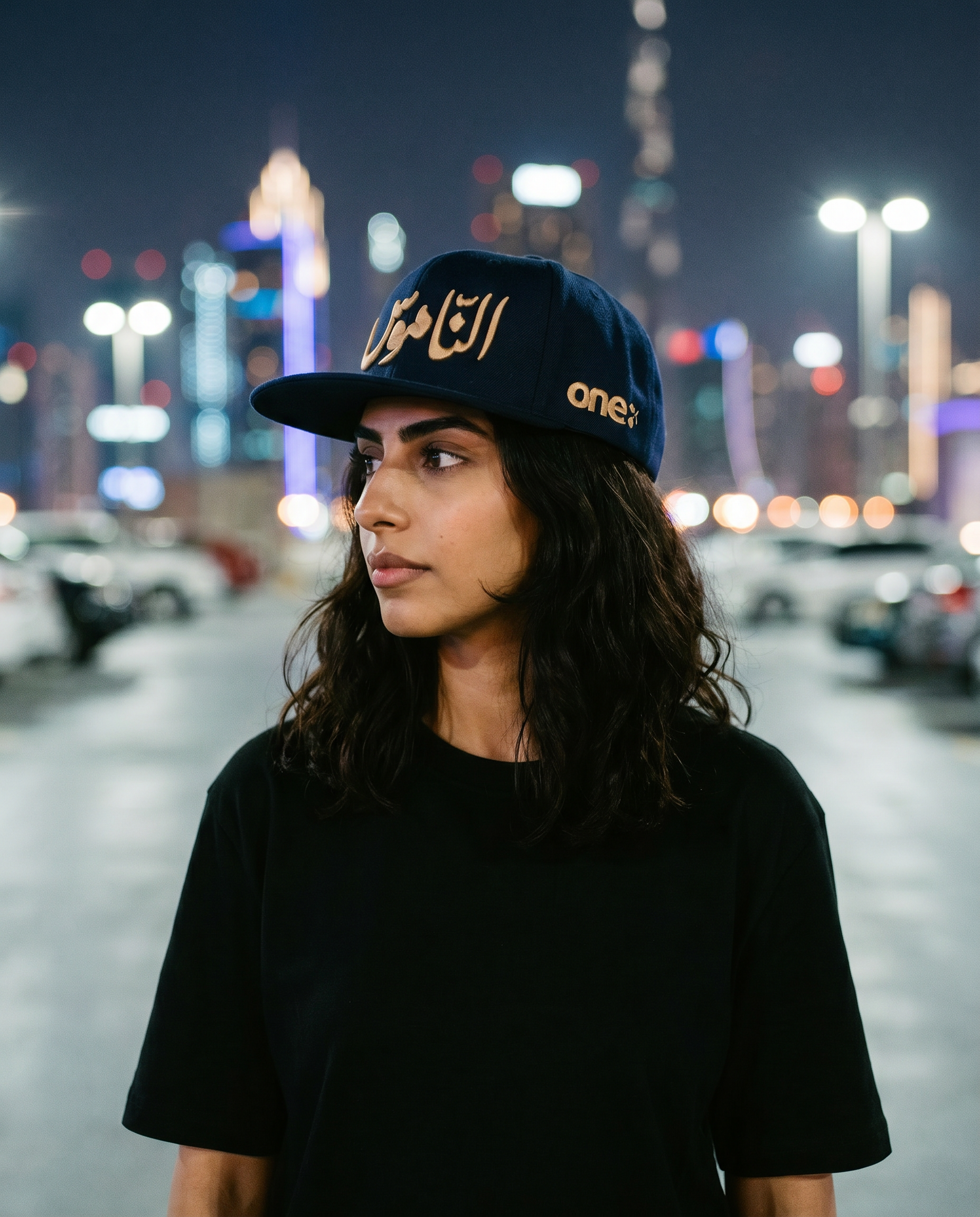 Al Namoos flat brim snapback side profile - on model