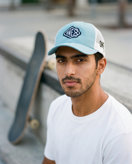 One8 Skate Logo trucker worn frontwards - on model