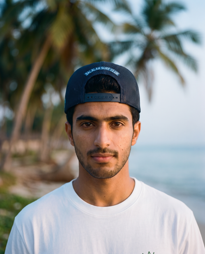 Salalah Surf Club Navy foam trucker worn backwards - on model