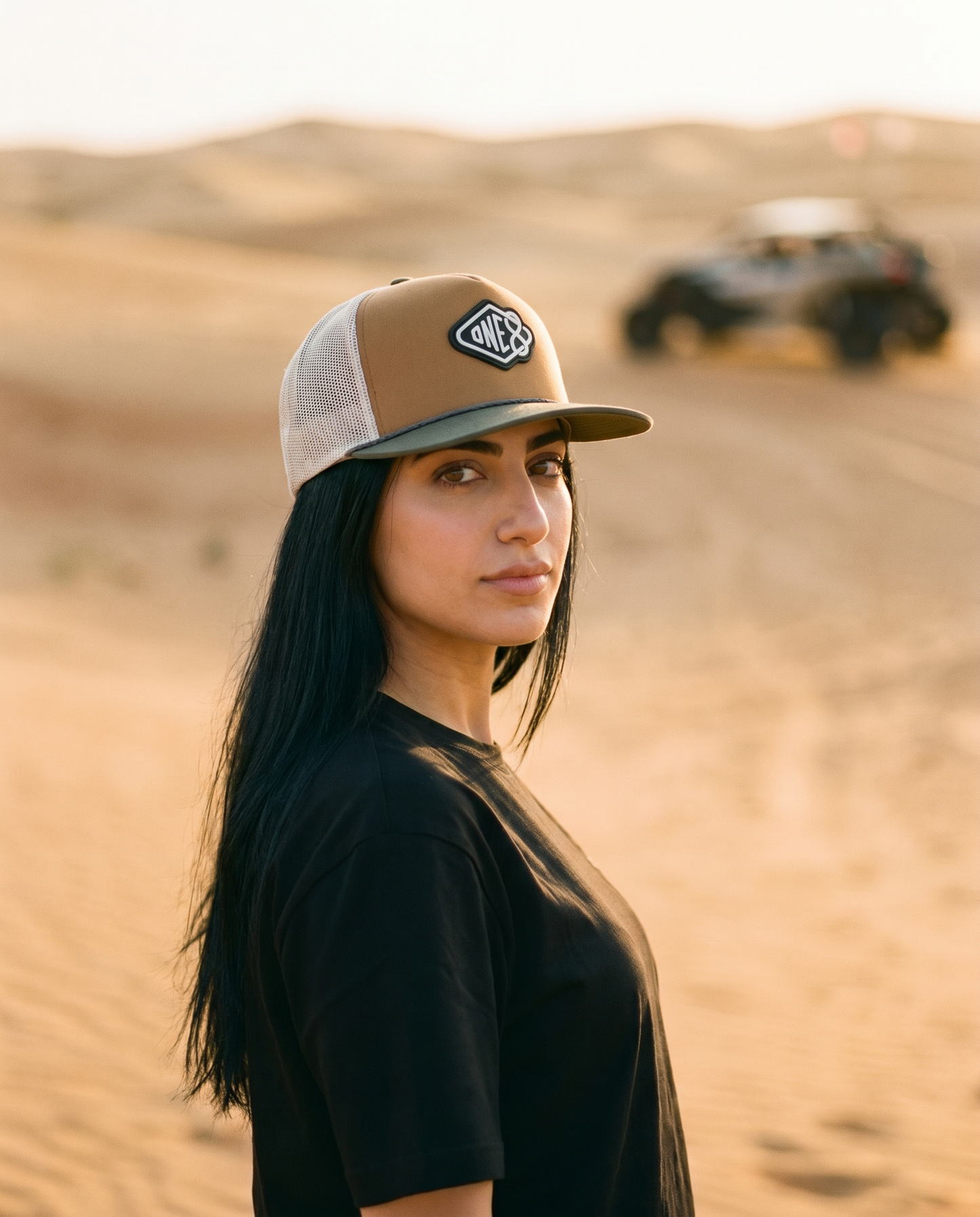 One8 Golden Sands foam trucker side profile - on model