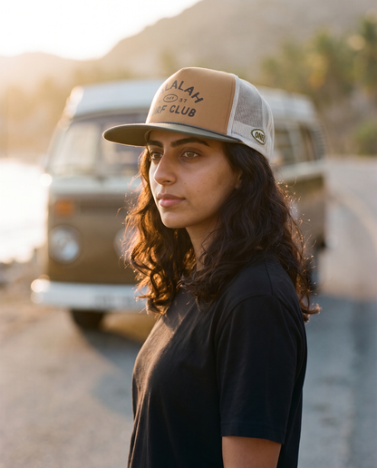 Vintage Salalah Surf Club foam trucker side profile - on model