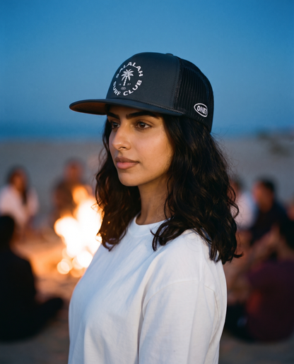 Salalah Surf Club Midnight foam trucker side profile - on model