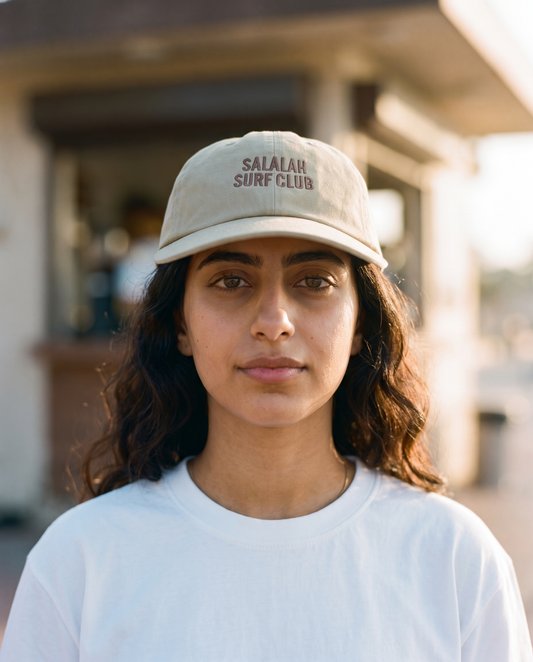 Salalah Surf Club Dad Hat worn frontwards - on model