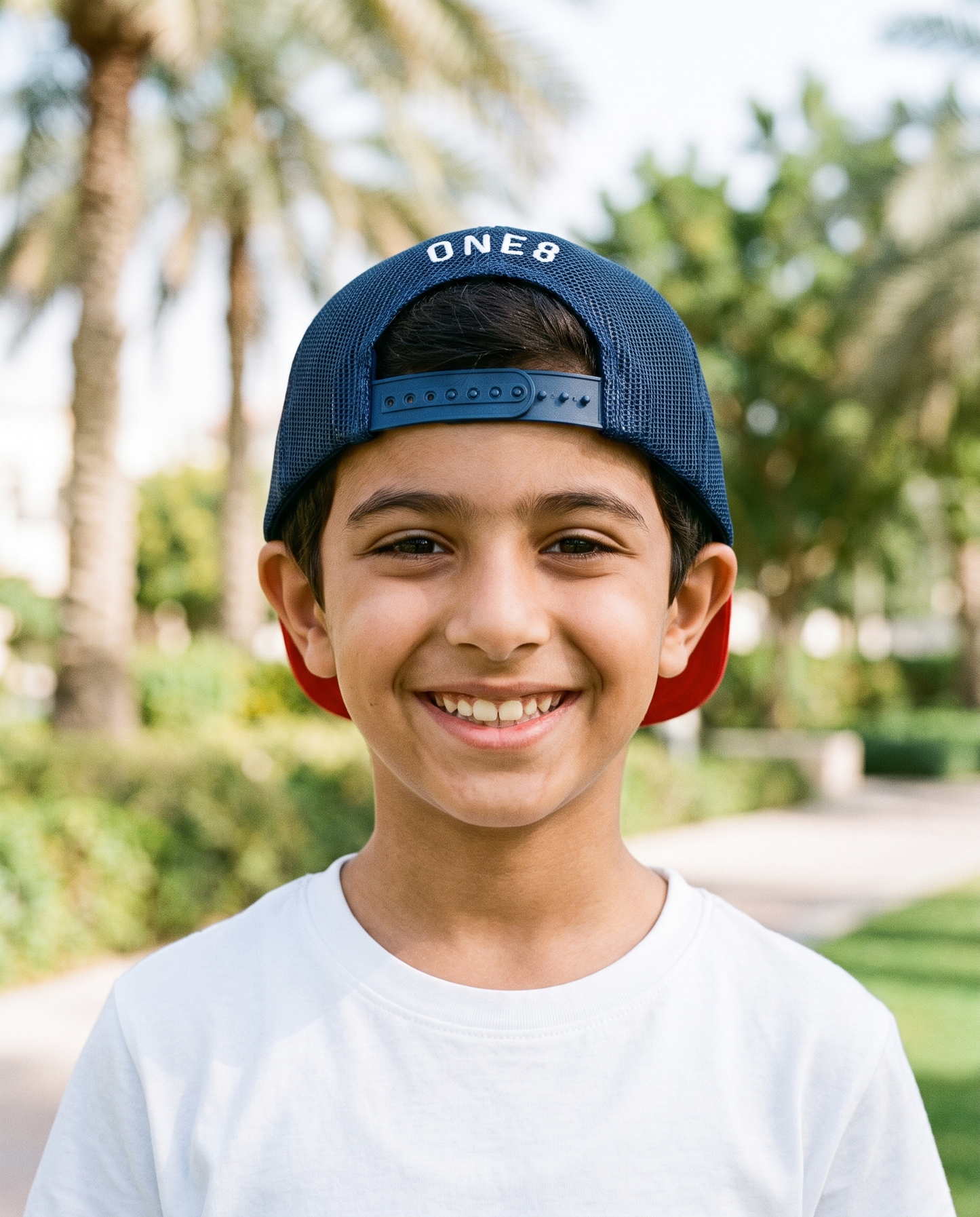 Sheikh Zayed kids foam trucker worn backwards - on model