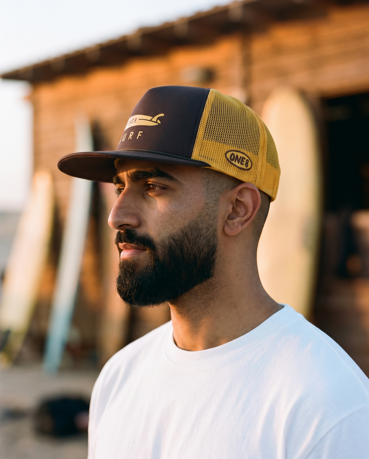 Salalah Surf Club Surf Board foam trucker side profile - on model
