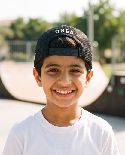 A'yal Zayed kids trucker worn backwards - on model