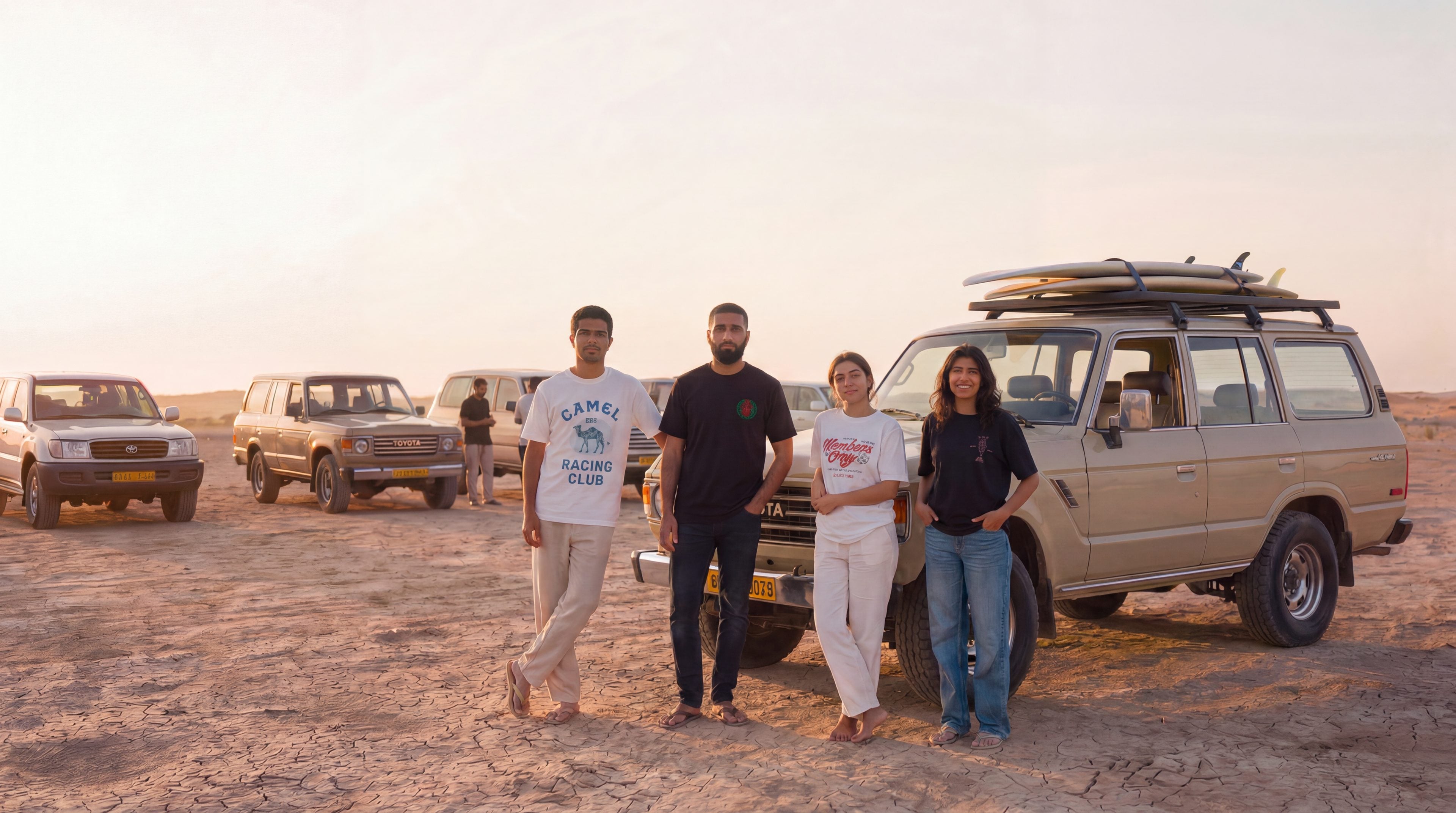 One8 crew leaning on a vintage Land Cruiser in the desert wearing Camel Racing Club and Salalah Surf Club tees